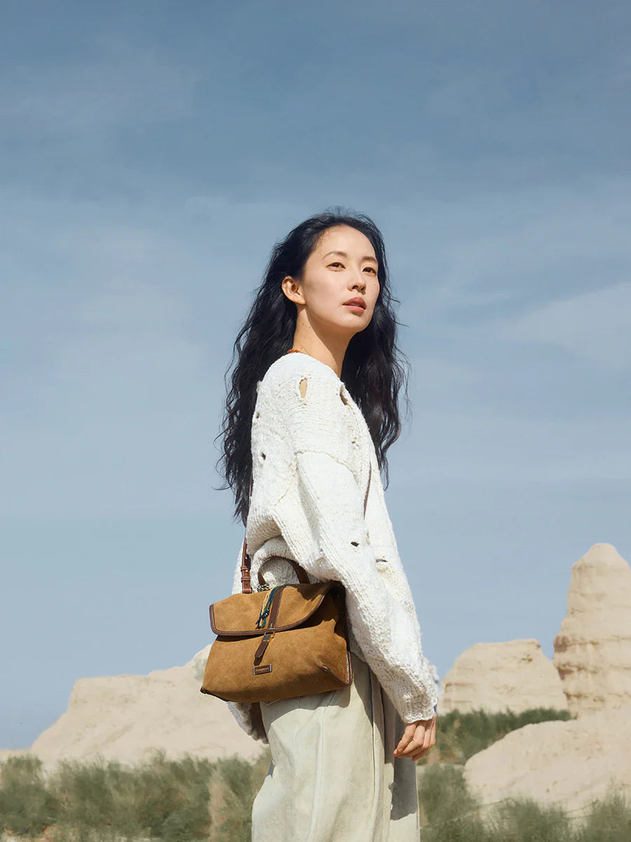 Small Shan Satchel Bag - Ochre Suede