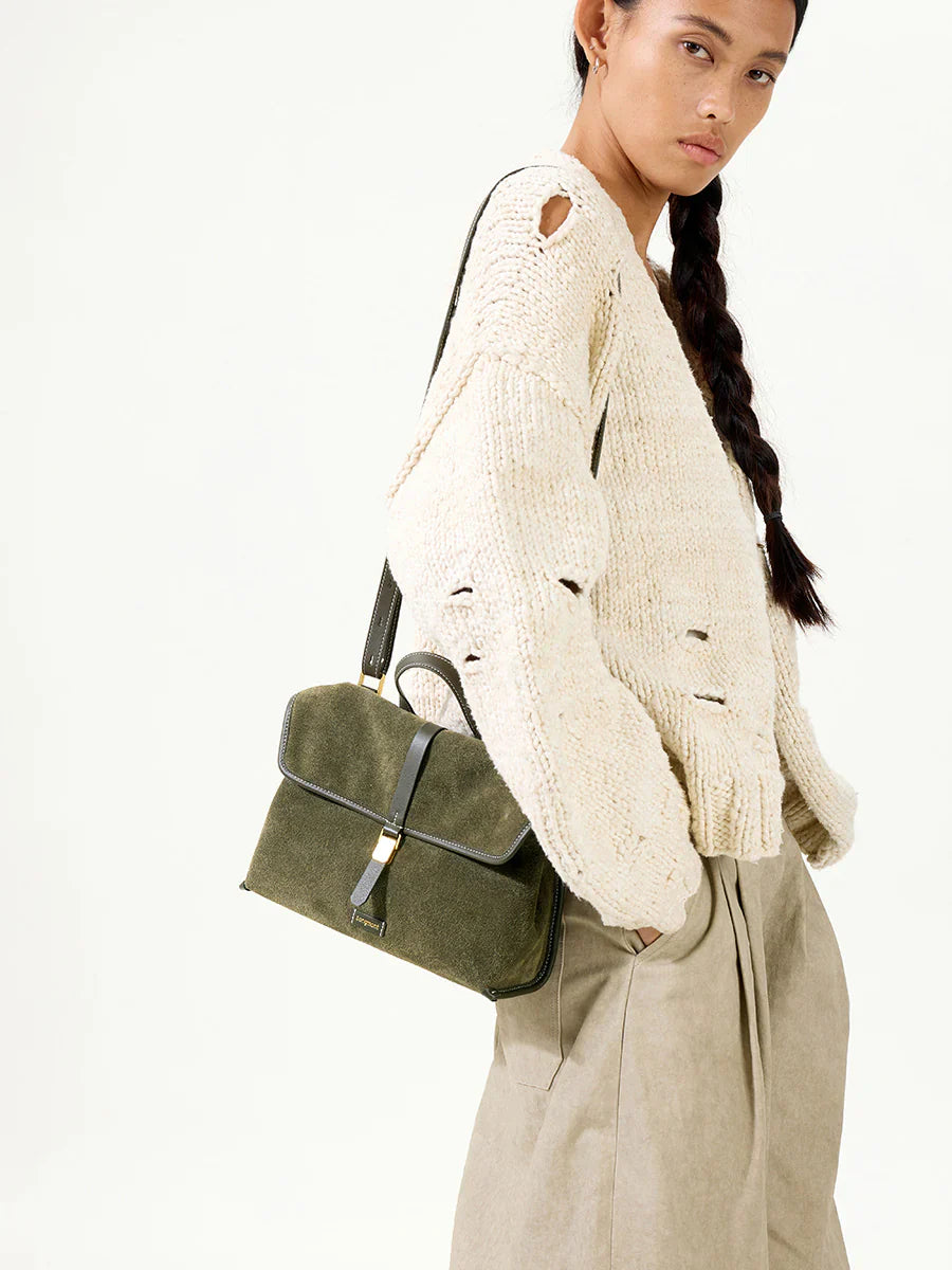Small Shan Satchel Bag - Olive Suede