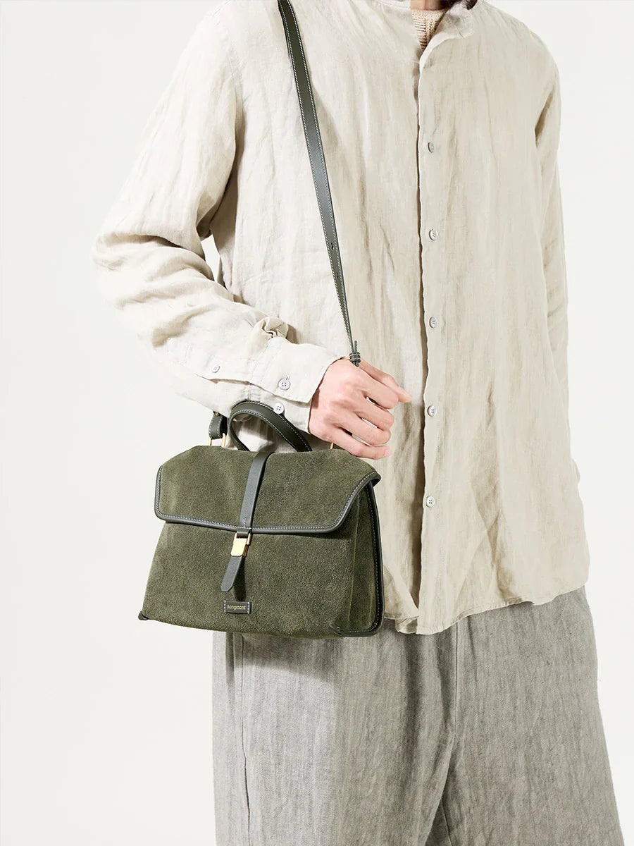 Small Shan Satchel Bag - Olive Suede