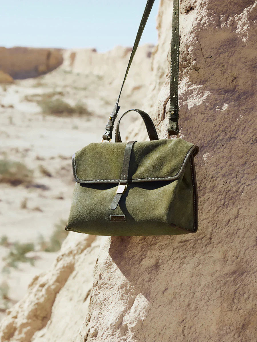 Small Shan Satchel Bag - Olive Suede