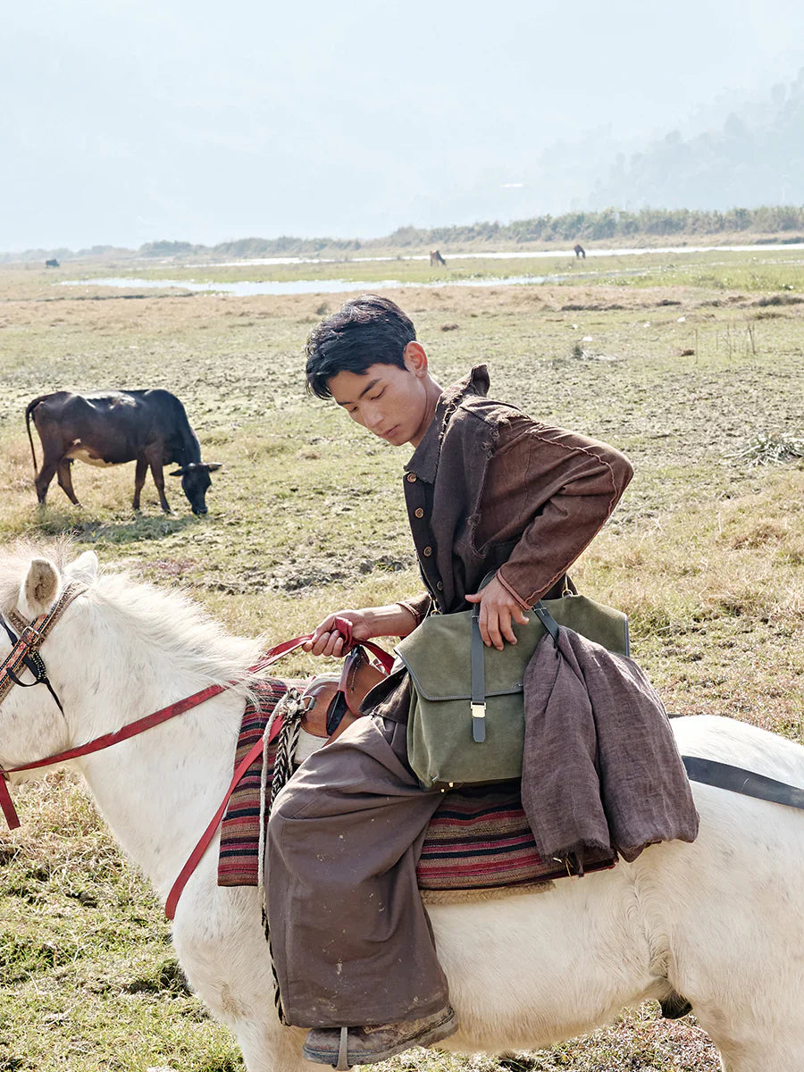 The Large Shan Briefcase - Olive Suede