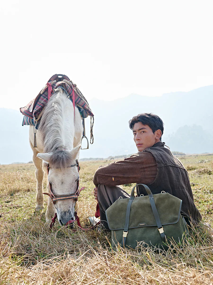 The Large Shan Briefcase - Olive Suede