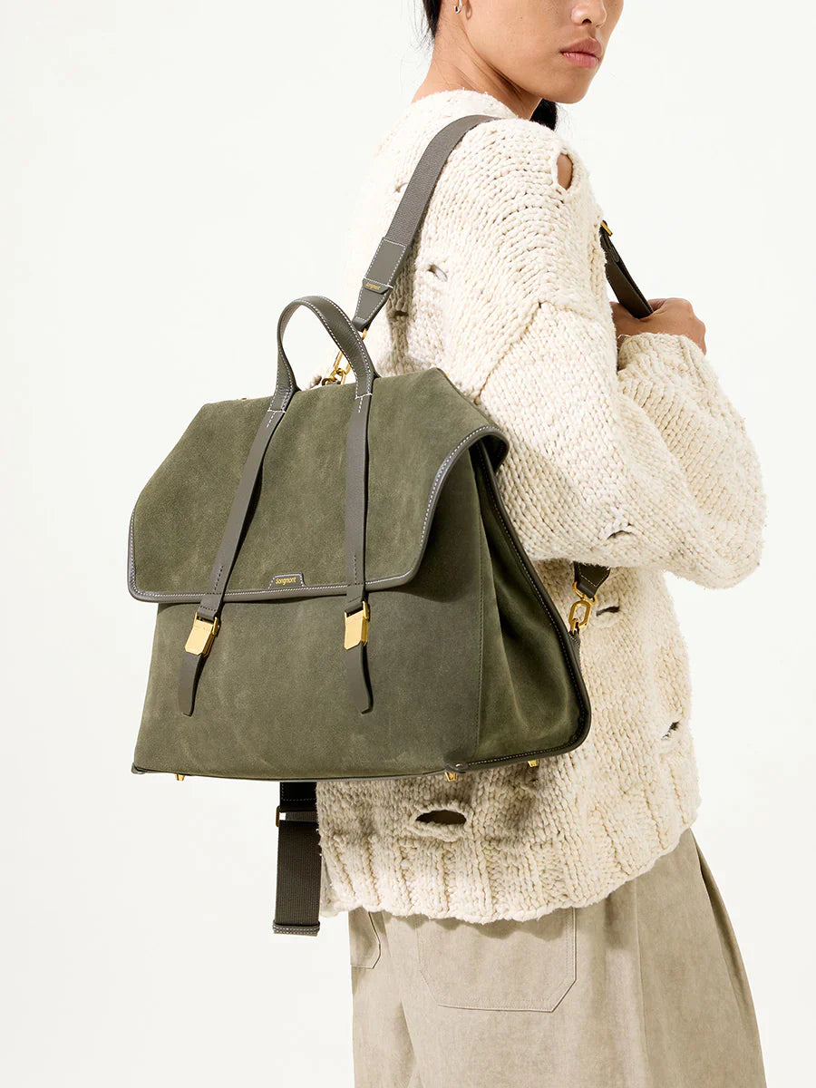 The Large Shan Briefcase - Olive Suede