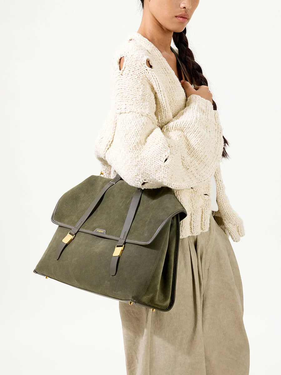 The Large Shan Briefcase - Olive Suede