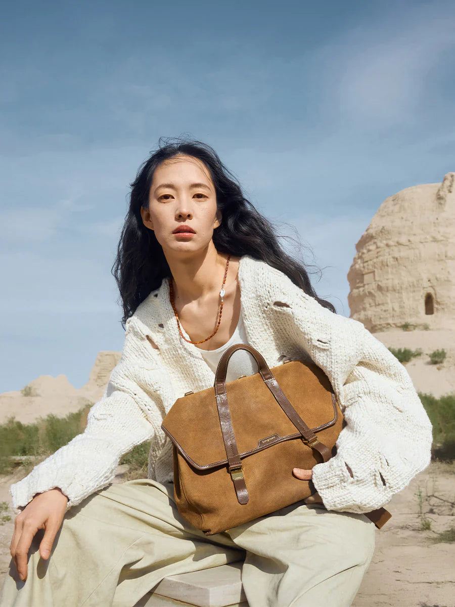 The Small Shan Briefcase - Ochre Suede