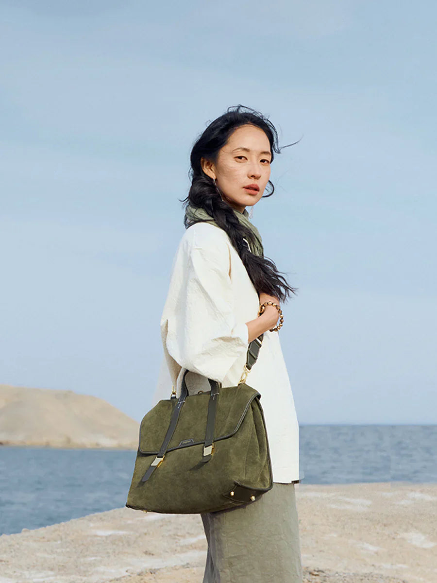 The Small Shan Briefcase - Olive Suede